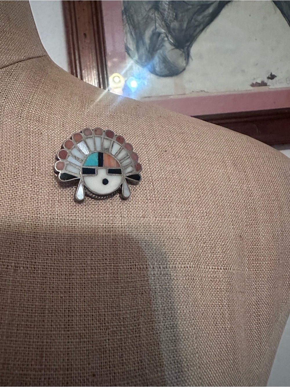 Vintage RT Zuni Sunface Brooch Multi Stone Inlay Silver Pin Petite